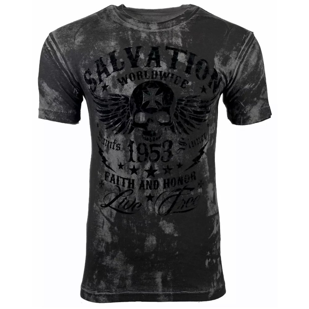 ARCHAIC Affliction Men's T-Shirt BLACK TIDE Skull Black Tattoo Biker MMA